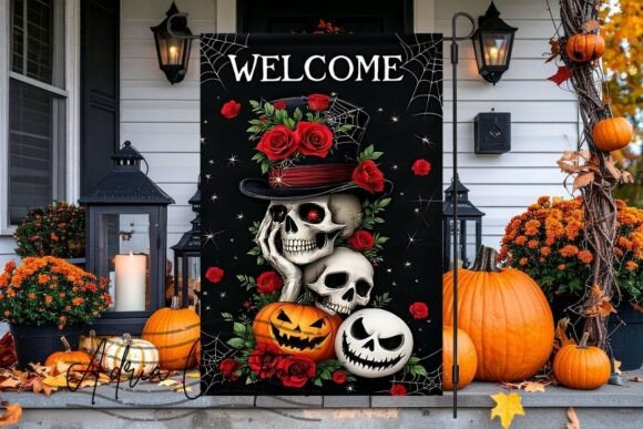 Halloween Skull and Rose Garden Flag Png