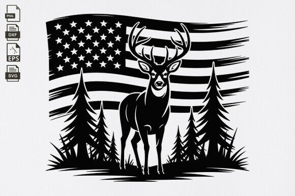 Hunting, Deer, Distressed Flag, Forest